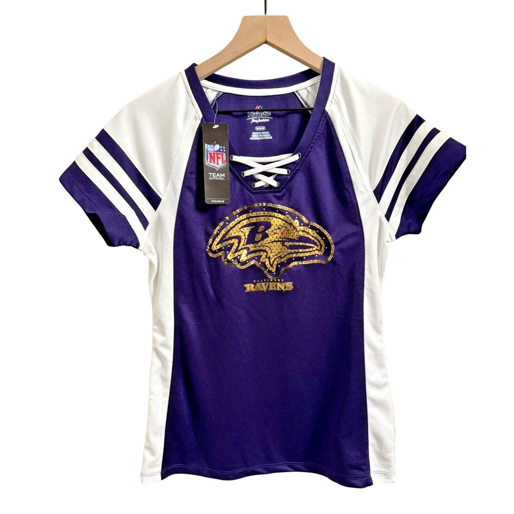 Majestic NFL Baltimore Ravens Jersey Women Medium Purple Sequin Lace Up V-Neck